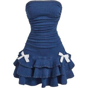 Womens Strapless Denim Mini Dress Bandeau Ruffle A Line Bow Layered Summer Dress